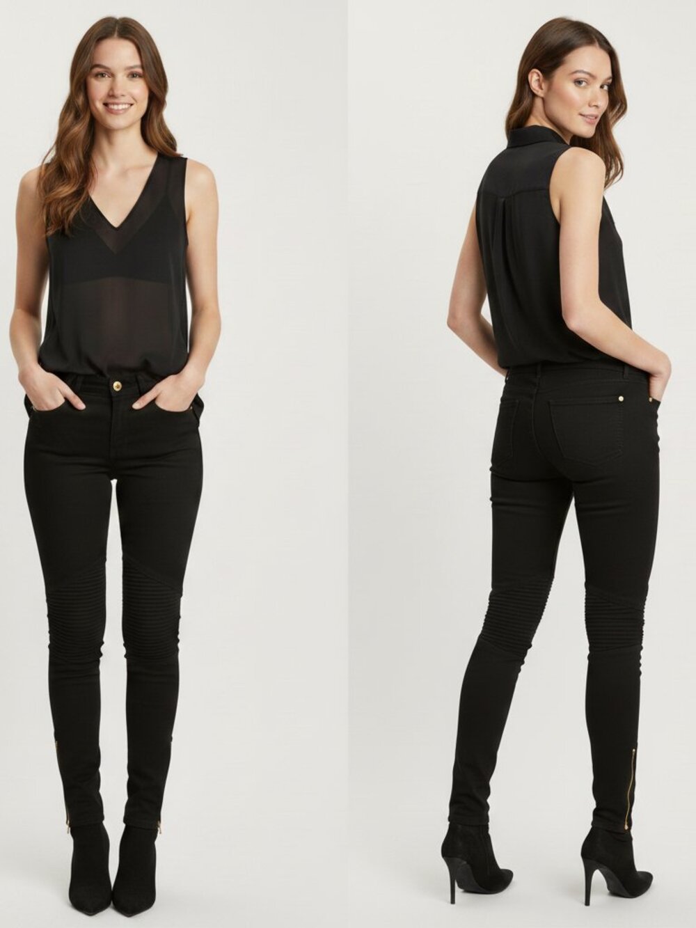 H&M Women's Mid-Rise Toothpick Skinny Pants Black Goldent Button Zippers 10